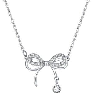 925 Sterling Silver Bow Choker Necklace for Women Teens CZ Bow Choker Necklace P